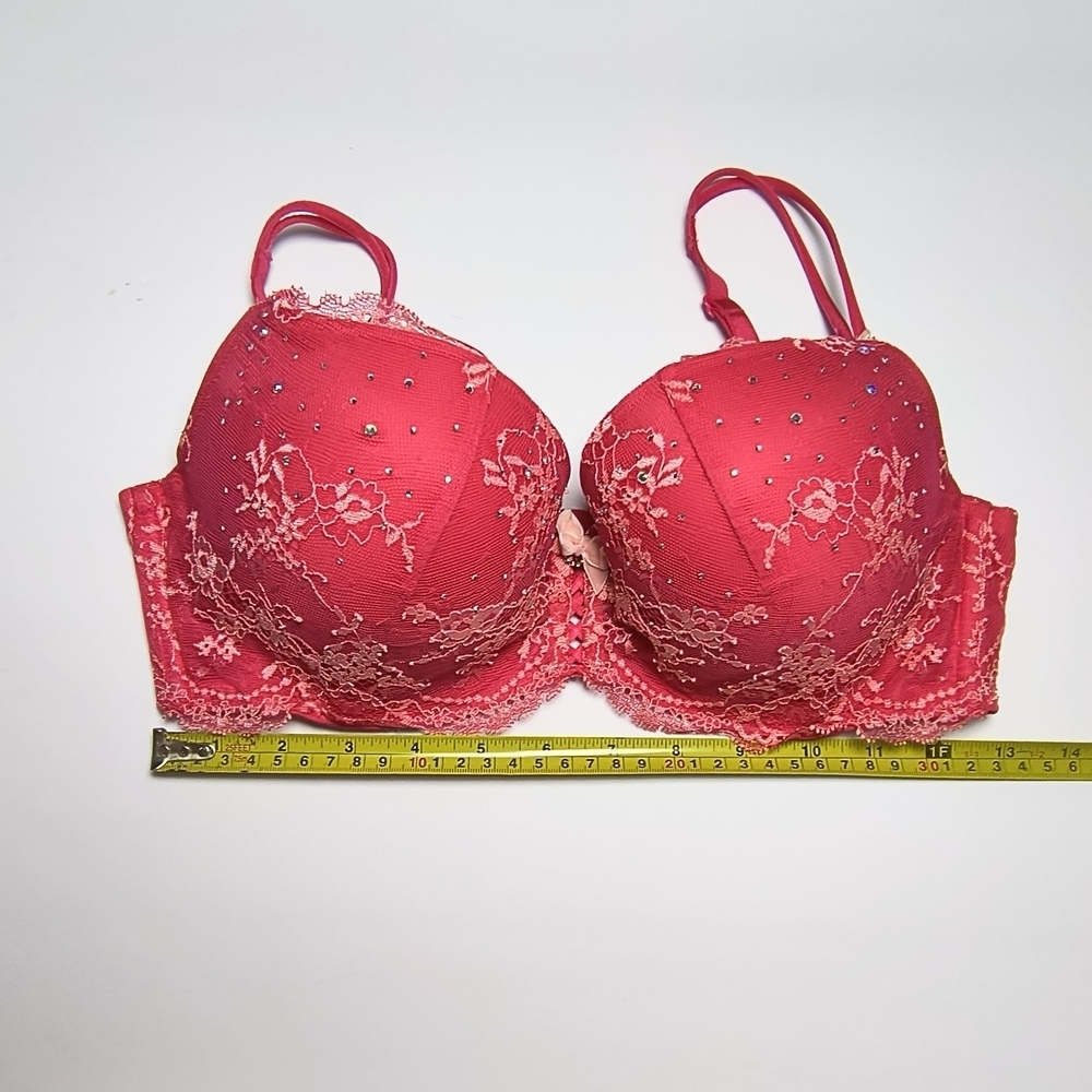 Victoria's Secret Reddish Fuschia Pink Lace Bra with Sparkle Embellishments 34D - Picture 3 of 7